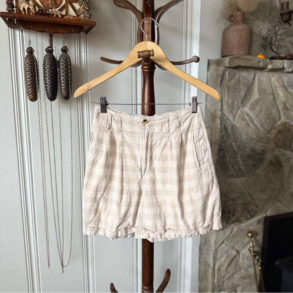 Vintage 90s High Waisted Gingham Plaid Linen Shorts size Small